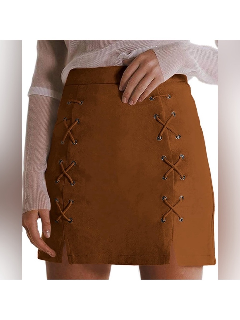 Mangopop Collection Brown Lace-Up Suede Mini Skirt